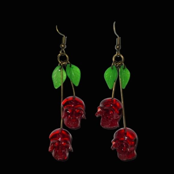 Cherry Skull Fruit Dangle Halloween Horror Rock n Roll Earrings - Picture 1 of 5